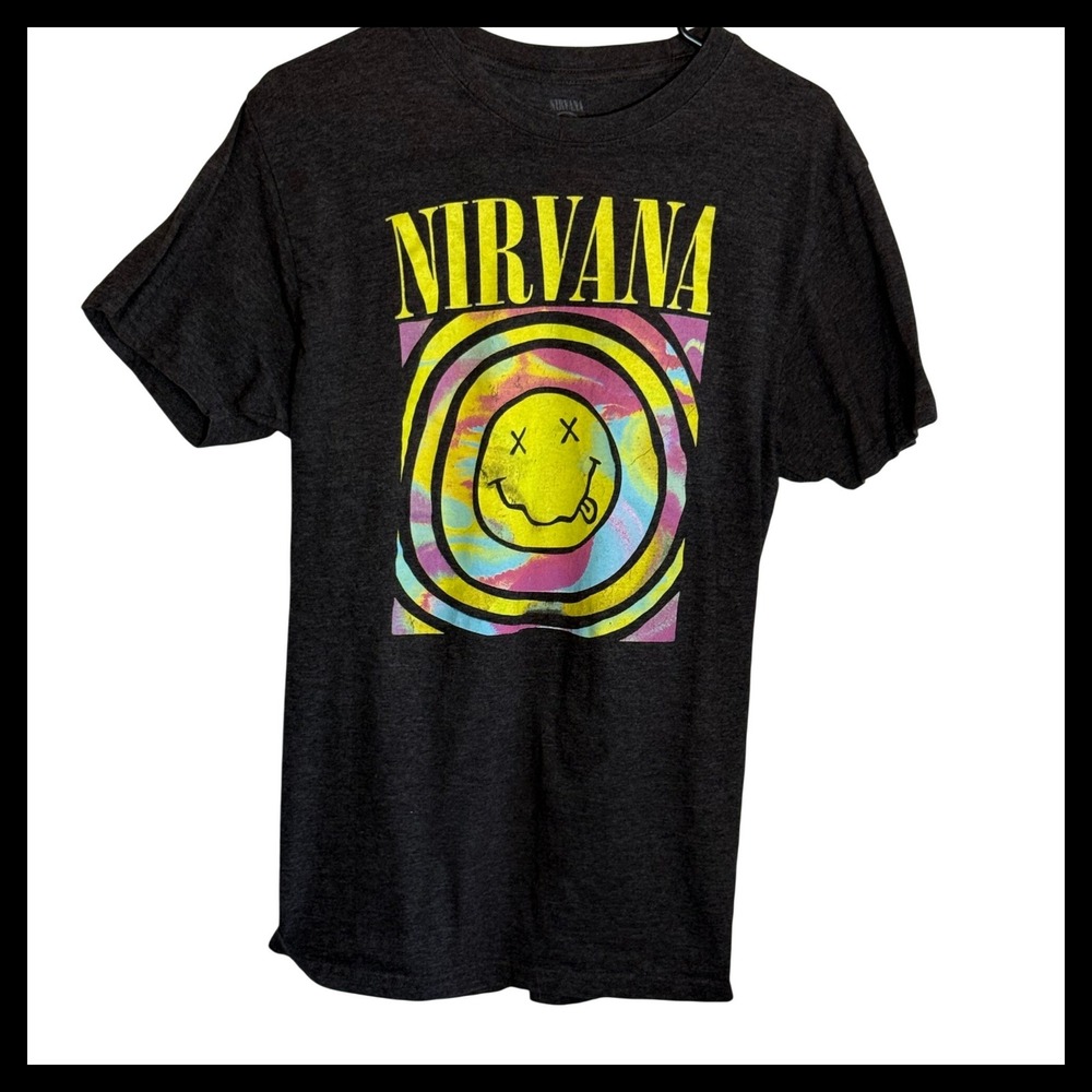 Nirvana Smiley Face Graphic T-Shirt Mens Large Charcoal Gray Rock Band Tee L